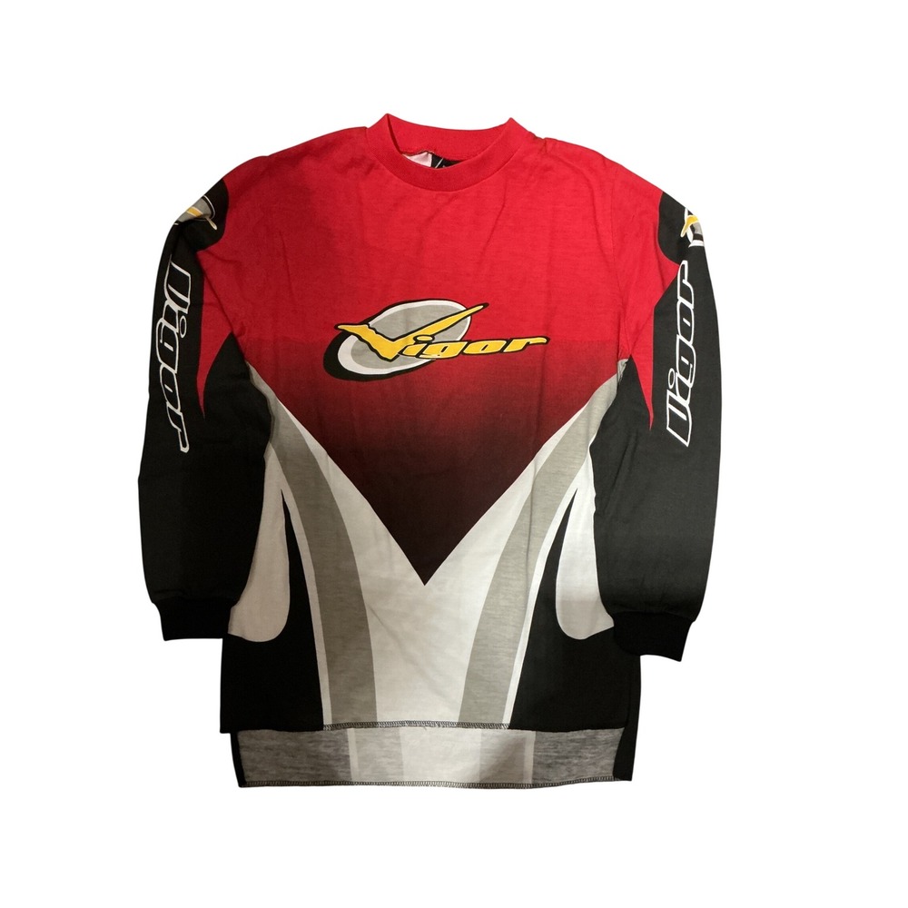 Vigor‎ Motocross Jersey Kids Large Red Black Graphic Long Sleeve BMX Racing Y2K